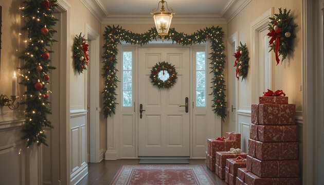 Elegant christmas decorated entryway with gifts and garland creating a festive holiday atmosphere