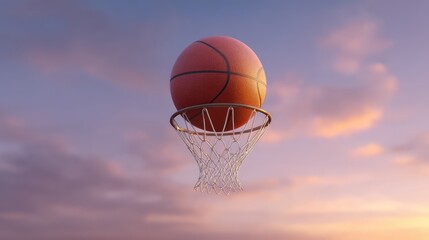 A Dynamic Basketball Floating Above a Hoop Against a Colorful Sunset Sky, Capturing the Essence of Sport, Energy, and Outdoor Activities in an Iconic Moment