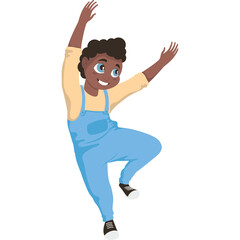 Joyful Young Child Dancing With Arms Raised Wearing Light Yellow Long Sleeve Shirt and Light Blue Overalls and Black Sneakers with White Soles Isolated on White Background