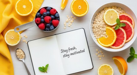Healthy breakfast with fruits oats and a notebook encouraging motivation