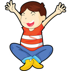 Joyful Young Boy With Arms Raised Sitting Cross Legged Wearing A Red And White Striped T Shirt And Blue Jeans