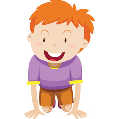 Joyful young boy with bright orange hair and a wide smile wearing a purple shirt and brown shorts on a transparent background