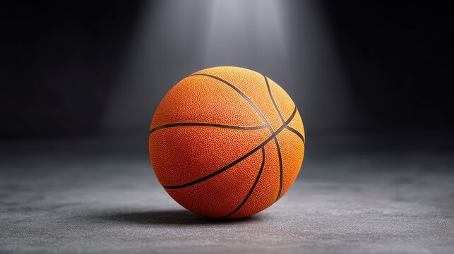 Realistic basketball on a textured surface under dramatic lighting, highlighting its surface details and texture, suitable for sports-related visuals and promotions