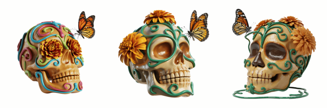 A Set For Skull decorated with flowers and butterfly isolated on transparent background
