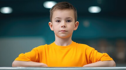 Young boy in bright orange shirt stands confidently against a blurred background, showcasing determination and focus in a gym setting, ideal for sports and youth themes.