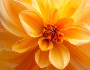 Close-up of a vibrant flower with layers of petals in hues of yellow and orange, showing intricate details and radial symmetry