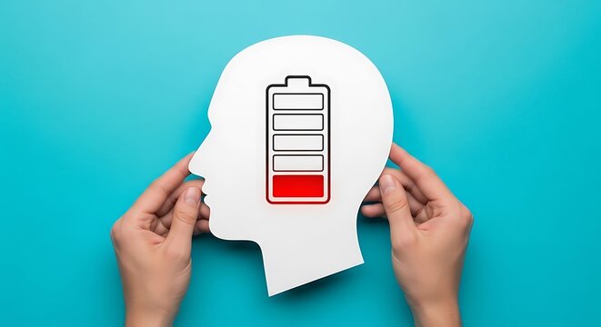 Human head silhouette with a low battery indicator, symbolizing mental fatigue, burnout, or low energy levels