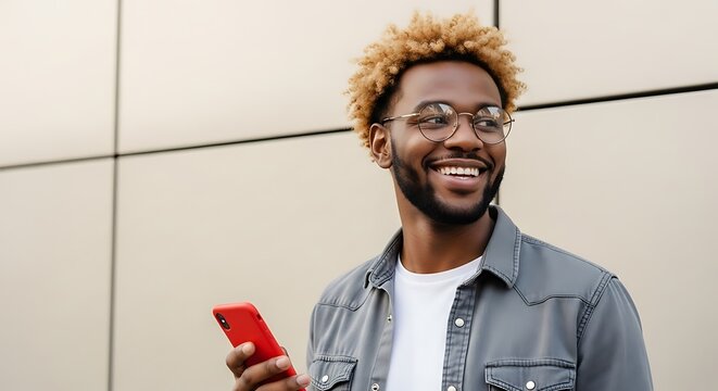 Smiling black man with glasses and curly hair holding a red smartphone, looking away from the camera