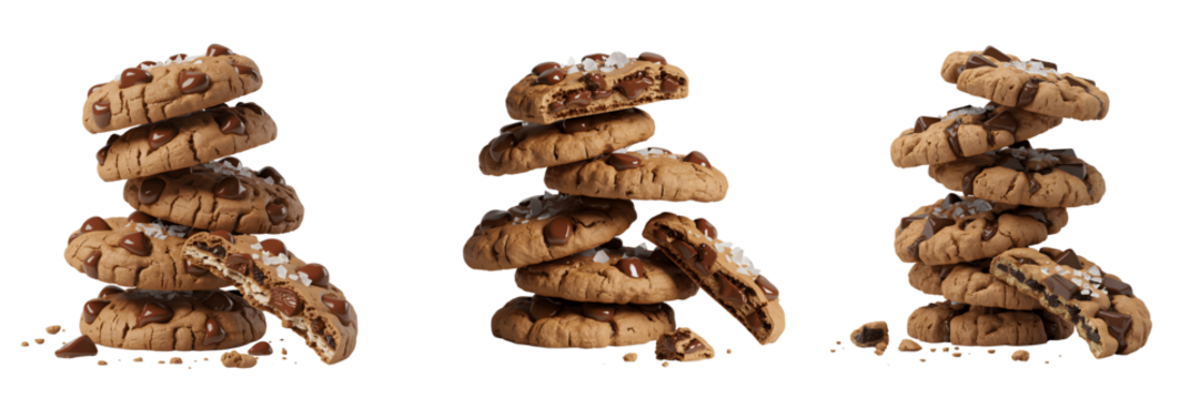 A Set For Cookie stack with chocolate chips and sea salt isolated on transparent background