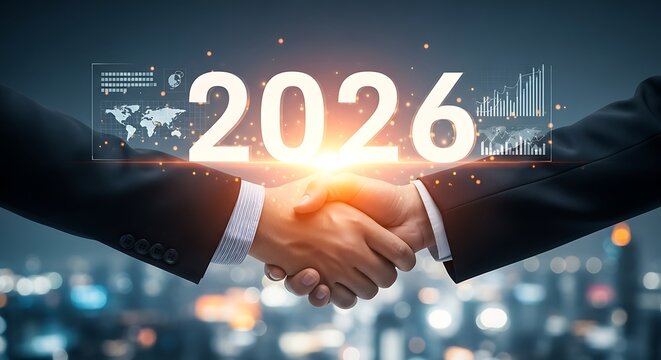 Two businessmen shaking hands in front of a city skyline, with the year 2026 prominently displayed