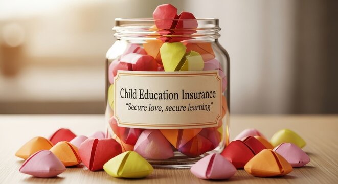 Jar filled with paper hearts promoting child education insurance