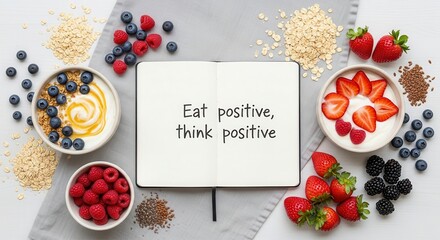 Notebook with Eat Positive Think Positive message next to assorted healthy food items