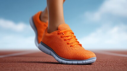 Naklejka premium Vibrant Orange Athletic Shoe on Track Surface, Showcasing Comfort and Style for Running, Fitness, and Outdoor Activities with Bright Blue Sky Background