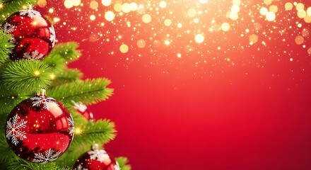 Festive christmas tree with red baubles and sparkling golden lights on a red background