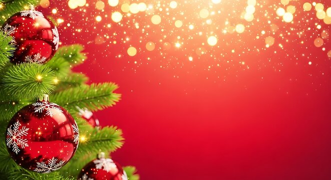 Festive christmas tree with red baubles and sparkling golden lights on a red background