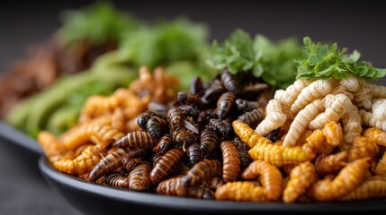 A Colorful Array of Edible Insects Displayed on Black Plates, Showcasing Diverse Textures and Natural Colors in a Culinary Presentation for Gourmet Dishes