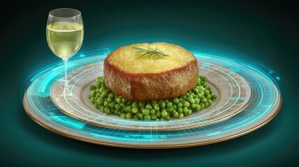 Gourmet dish featuring a beautifully presented meat loaf topped with melted cheese, served on a bed of fresh green peas and accompanied by a glass of white wine in a futuristic setting.