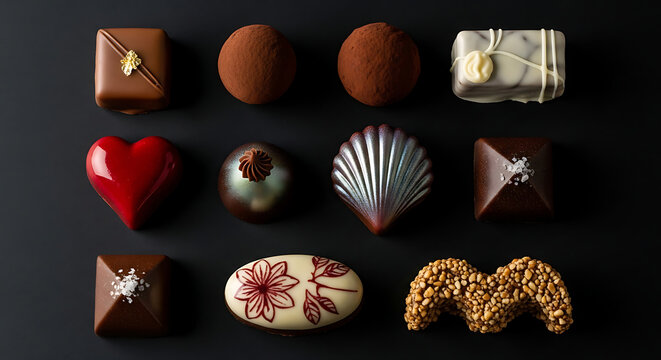 An artistic arrangement of assorted gourmet chocolates on a dark background, showcasing diverse shapes and textures. - Powered by Adobe