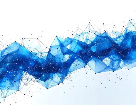 A vibrant digital artwork showcases a flowing, abstract design of interconnected geometric shapes with a gradient blue hue. The forms are joined by fine lines