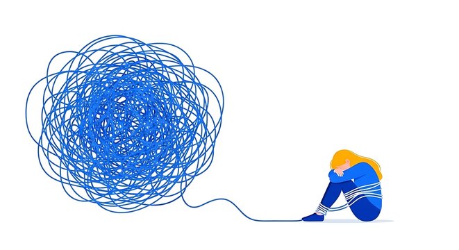 A person sits hunched over, tied to a large, tangled ball of blue string, symbolizing mental struggle