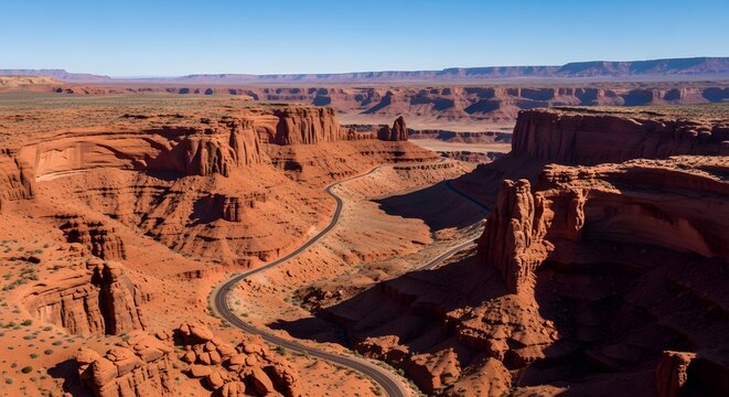 A winding road carves through the vast, arid desert landscape of towering red rock formations under a clear blue sky.