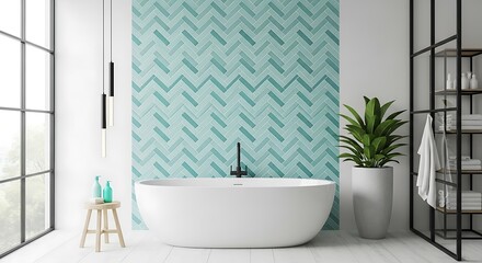 Modern bathroom with a freestanding tub and a striking herringbone tile accent wall in a serene aqua hue