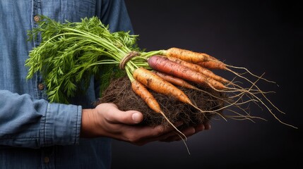 Freshly Harvested Carrots with Green Tops Held by Hands Against a Dark Background, Showcasing Natural Produce and Organic Farming Practices