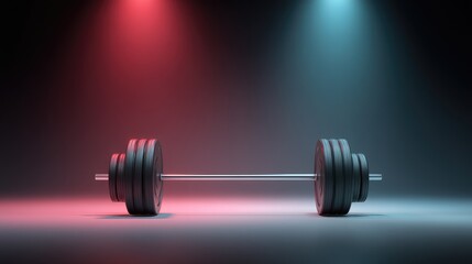 Barbell with heavy weights placed on a gym floor under dramatic red and blue lighting, emphasizing workout and fitness themes in a modern environment.