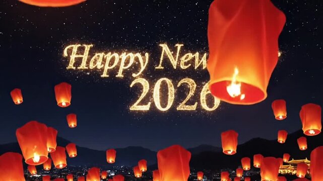 Red sky lanterns flying at night, golden Happy New Year 2026 text glowing in the sky,