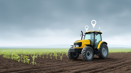 Obraz premium Modern Agricultural Tractor in Field with Location Pins for Precision Farming Concept and Digital Agriculture Innovation in Rural Landscape