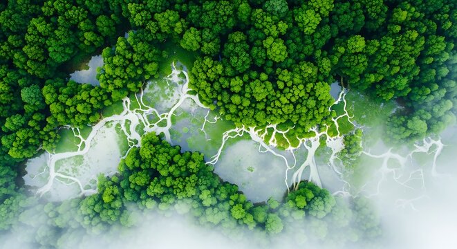 Aerial view of a lush green forest with winding rivers and misty clouds