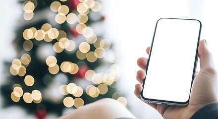 Person holding a smartphone with a blank screen in front of a blurred christmas tree with bokeh lights