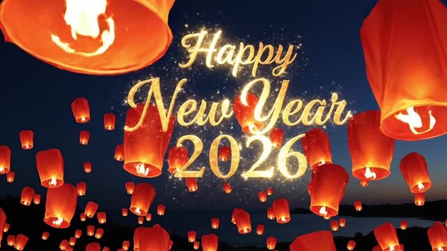 Red sky lanterns flying at night, golden Happy New Year 2026 text glowing in the sky,