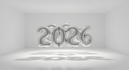 Silver 2026 balloons floating in a white room casting shadows.