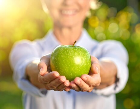 Close-up of a smiling person holding a vibrant green apple in outstretched hands, with a bright, blurred background