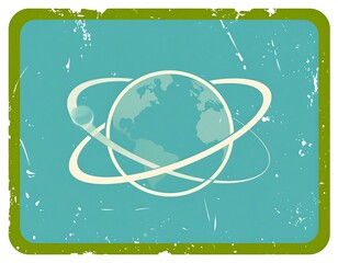 Retro graphic of Earth within orbits, with a trajectory line. Worn effect on a turquoise background inside a rounded frame