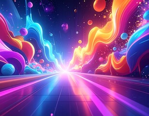 A vibrant, neon-hued space scene with streaks of light converging to a bright central point. Flowing colors and floating orbs
