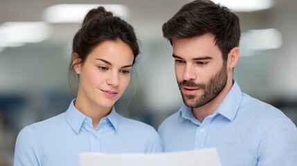 Young Business Professionals Collaborating in a Bright Office Environment, Analyzing Documents Together with a Focused and Engaged Attitude