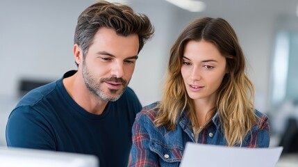 Two professionals engaged in a collaborative discussion while reviewing documents in a modern office setting, showcasing teamwork and focus on project goals.