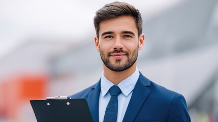 Confident young businessman in a suit holding a clipboard while standing outdoors with a modern building background, showcasing professionalism and determination.