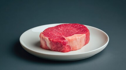 Fresh Raw Ribeye Steak on Minimalist Plate Against Dark Background, Ideal for Culinary and Gastronomic Themes in Food Photography
