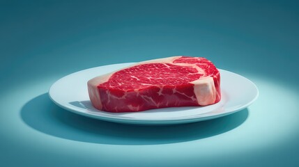 Fresh Raw Ribeye Steak with Marbling on a White Plate Against a Solid Blue Background for Culinary and Food Photography