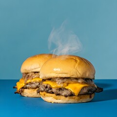 Two delicious hot burgers with rising steam on a clean light-blue studio background, captured in ultra-realistic cinematic lighting with rich texture details.