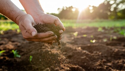 A farmer's hands holding rich, fertile soil, letting it fall in a sunlit agricultural field.