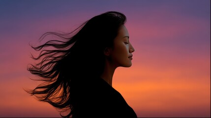 Serene Profile of a Woman with Flowing Hair Against a Colorful Sunset Sky, Emphasizing Tranquility and Natural Beauty in a Peaceful Moment