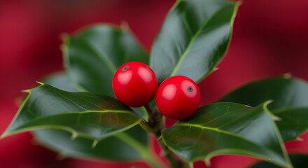 A close-up of a vibrant holly sprig with two bright red berries and glossy, spiky green leaves against a blurred red background.