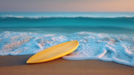 Bright Yellow Surfboard Resting on the Sandy Beach with Gentle Waves and a Beautiful Sunrise Over the Calm Ocean Horizon