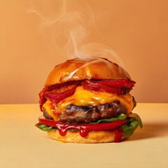 A studio-style close-up of a hot juicy burger with rising steam as rich red ketchup drips down, captured in cinematic lighting.