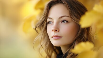 Beautiful young woman with flowing hair surrounded by vibrant autumn leaves, gazing thoughtfully into the distance amidst a warm golden background