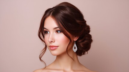 Elegant Portrait of a Beautiful Young Woman with Brown Hair and Stylish Earrings Against a Soft Beige Background, Capturing Grace and Sophistication in Fashion Photography